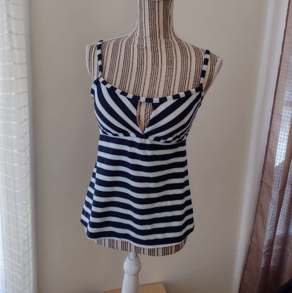 Kona Sol Navy Striped Tunnel Back Tankini Top Size M